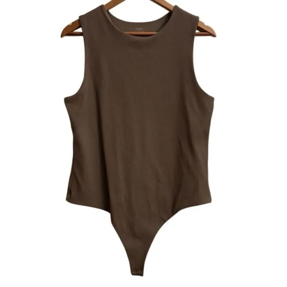 Nuuds Ribbed Stretch Thong Bodysuit Brown Minimalist Elevated Essential XL